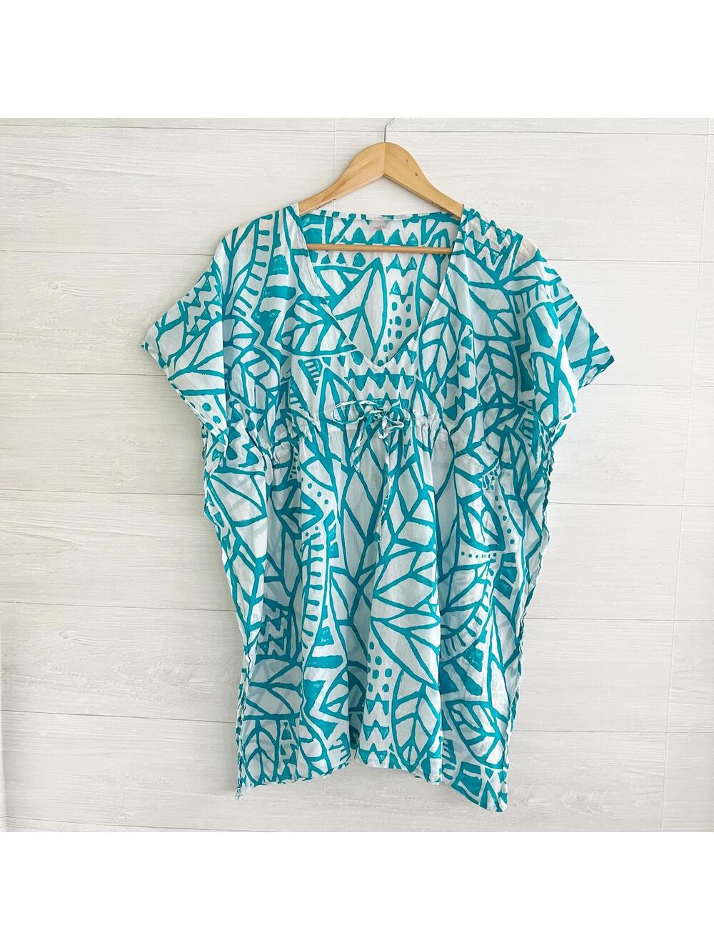 Echo Teal Blue Leaf Print Cotton Swim Cover Up Poncho Kaftan OS
